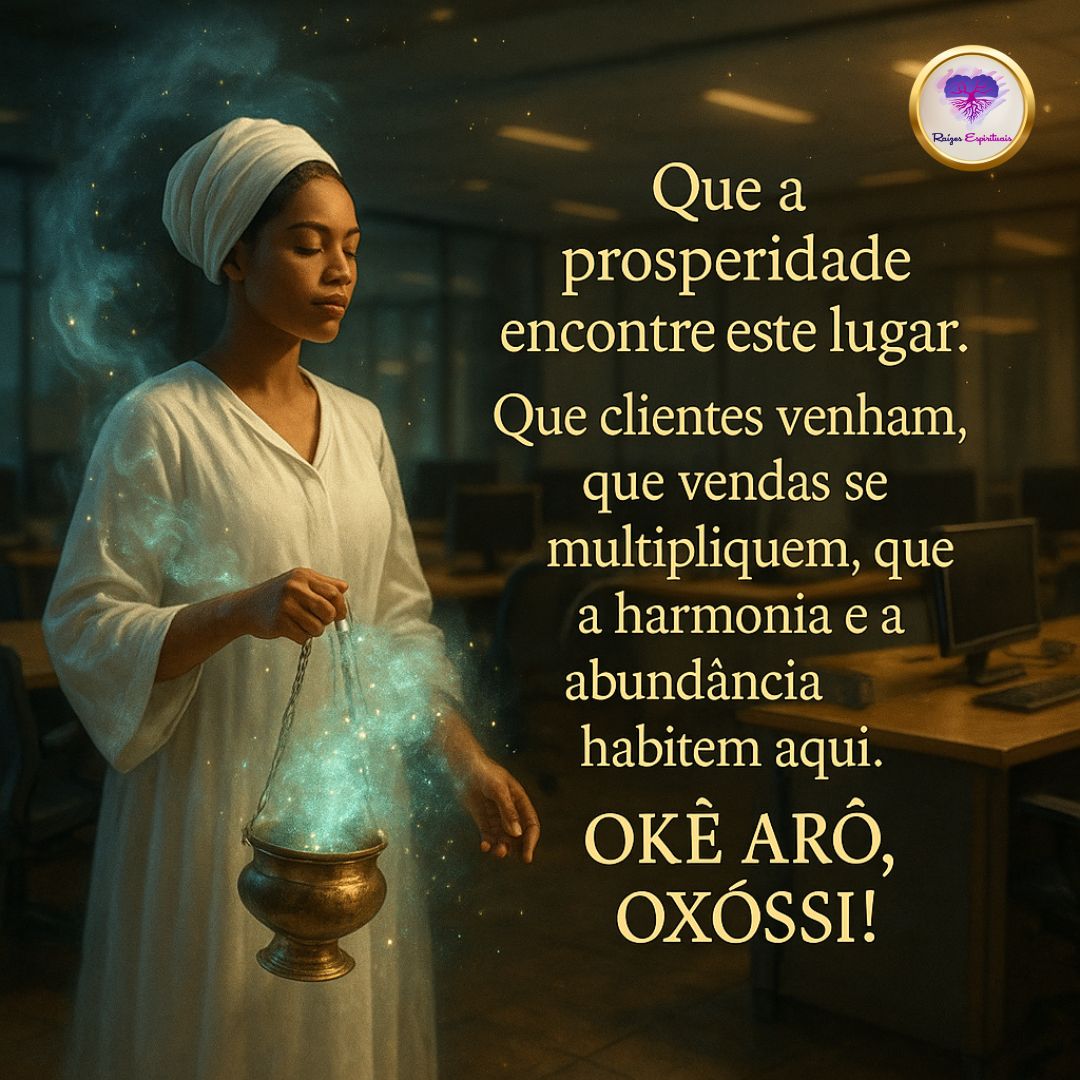 Mulher realizando uma defumação de Oxóssi e texto com a oração: Que a prosperidade encontre este lugar. Que clientes venham, que vendas se multipliquem, que a harmonia e a abundância habitem aqui.