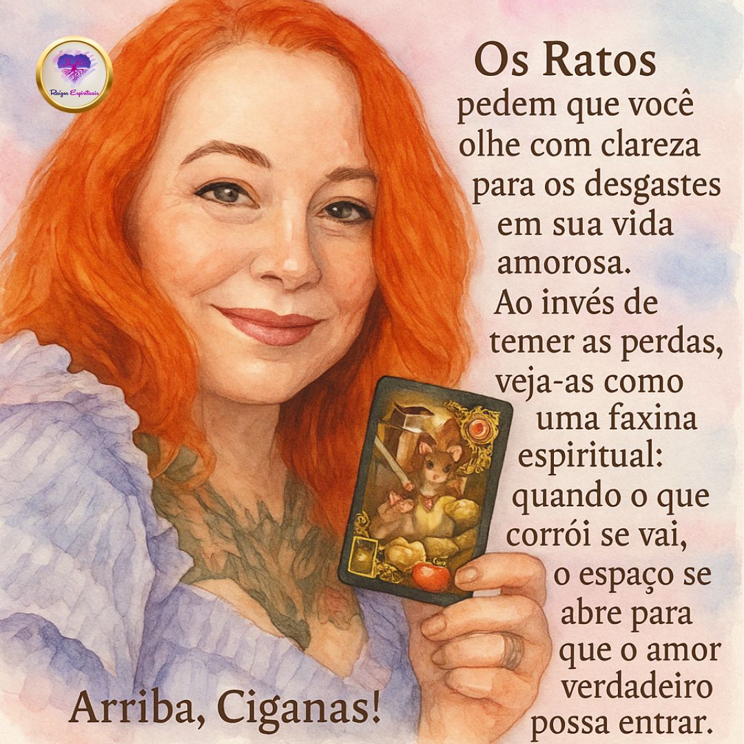 Mãe Gláucia de Oxaguiã segura a carta do Baralho Cigano "Os Ratos"